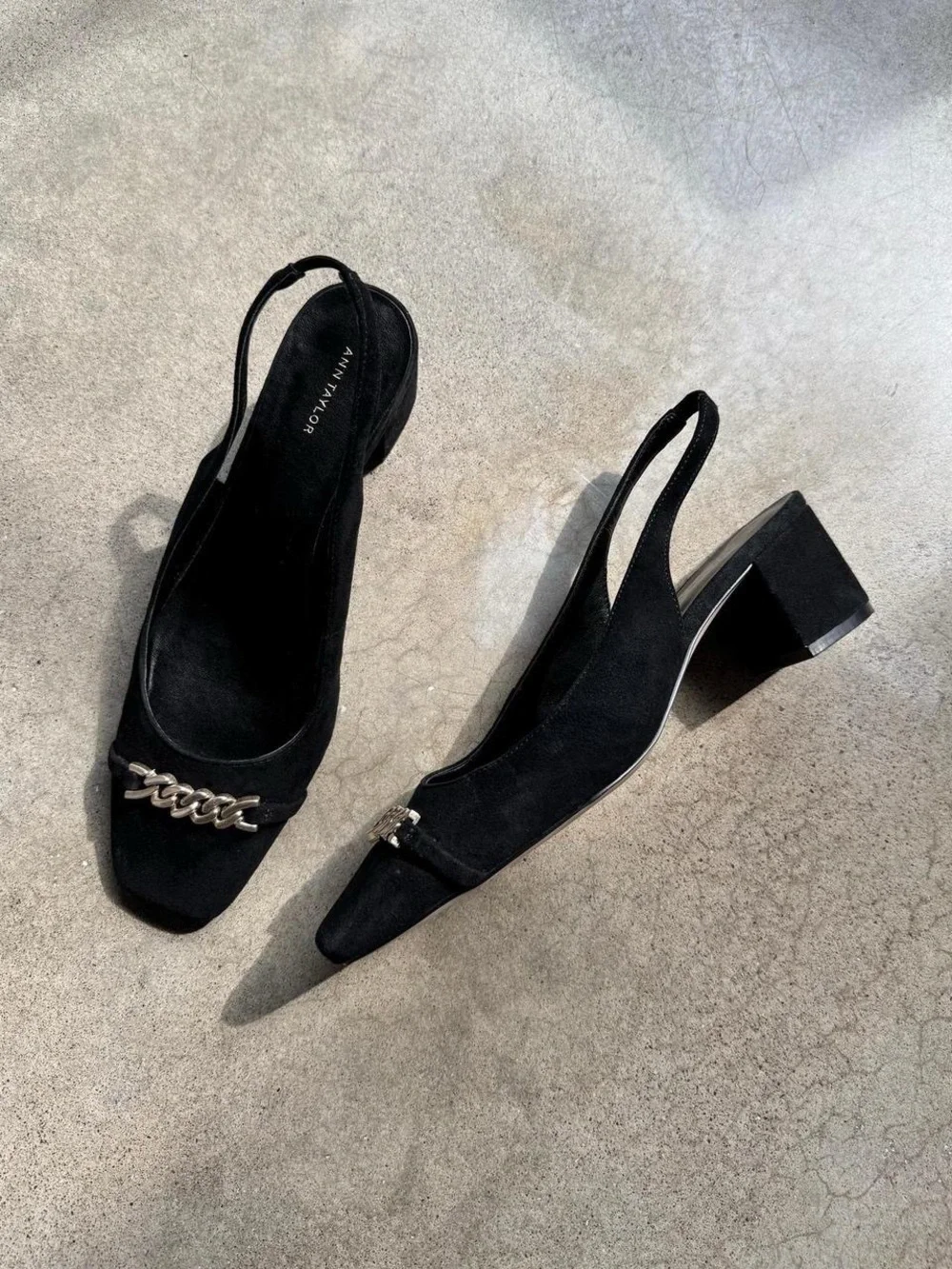 Ann Taylor Chain Detail Black Suede Slingback Heels